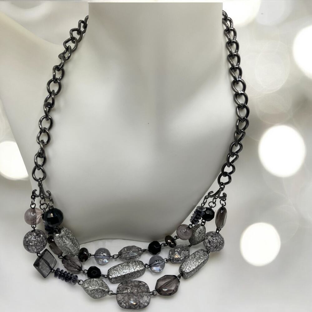 3 Tier Sparkly Silver-Tone, Gray & Clear Beaded Chain 24.5" Necklace!